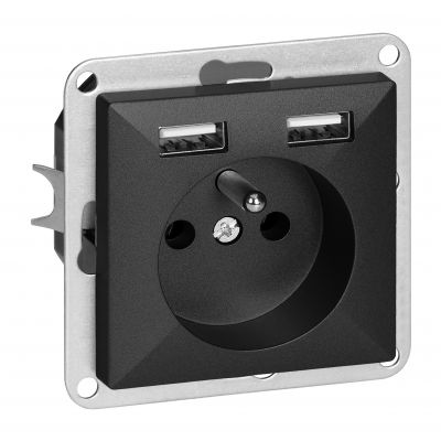 Gniazdo pojedyncze podtynkowe 2P+Z z ładowarką Pearl, 16A, 250V, PT-16P/USB, czarny (OR-OE-7705/USB/B)