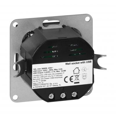 Gniazdo pojedyncze podtynkowe 2P+Z z ładowarką Pearl, 16A, 250V, PT-16P/USB, czarny (OR-OE-7705/USB/B)
