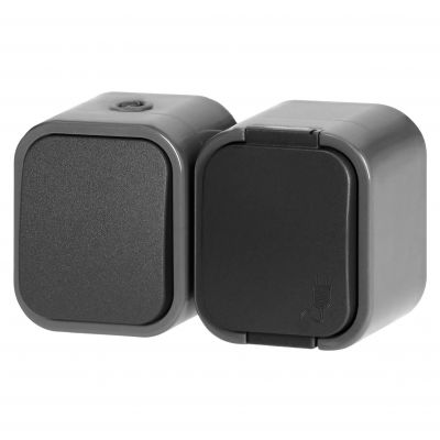 Łącznik natynkowy jednobiegunowy + Gniazdo pojedyncze 2P+Z B2, IP54, GWN-B2, szary/czarny (OR-OE-7807/GB)