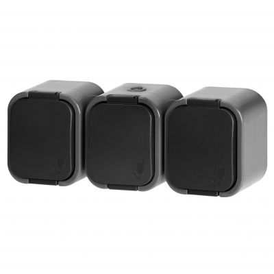 Gniazdo potrójne natynkowe 3x2P+Z, bryzgoszczelne z klapką B2, IP54, NT-316 B2, szary/czarny (OR-OE-7809/GB)