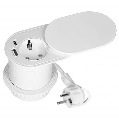 Gniazdo meblowe O6cm, wpuszczane w blat z przesuwną pokrywką, ładowarką USB i przewodem 1,9m, 1x2P+Z (OR-GM-9042(GS)/W)