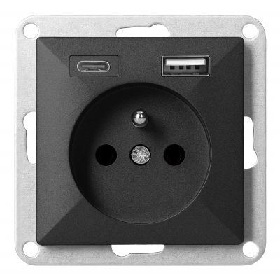 Gniazdo pojedyncze podtynkowe 2P+Z z ładowarką USB A+C Pearl, 16A, 250V, PT-16P/USB, czarny (OR-OE-7705/USBAC/B)