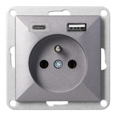 Gniazdo pojedyncze podtynkowe 2P+Z z ładowarką USB A+C Pearl, 16A, 250V, PT-16P/USB, antracyt (OR-OE-7705/USBAC/A)