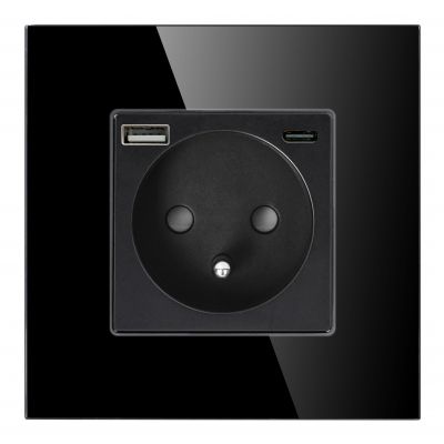 Gniazdo pojedyncze 2P+Z, USB-A + USB-C, PD, max. 20W, czarny (OR-AE-13308/B)