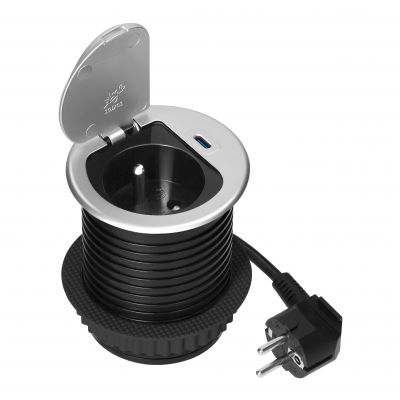 Gniazdo meblowe O6cm wpuszczane w blat z pokrywką, ładowarką USB i przewodem 1,9m, 1x2P+Z (French), (OR-GM-9040/G)