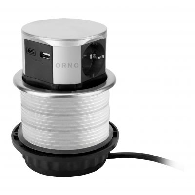 Gniazdo meblowe O10cm wysuwane z blatu z ładowarką USB i przewodem 1,5m, 3x2P+Z (Schuko), 2xUSB (typ (OR-GM-9049(GS)/G)