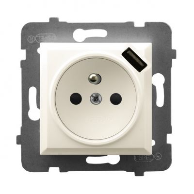 ARIA Gniazdo pojedyncze z uziemieniem z przesłonami torów prądowych z ładowarką USB kolor ecru GP-1UZPUSB/m/27 OSPEL (GP-1UZPUSB/m/27)