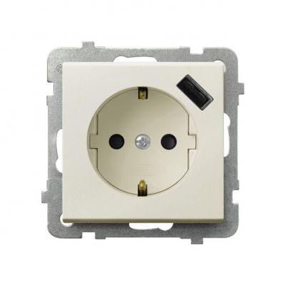 SONATA Gniazdo pojedyncze z uziemieniem schuko z przesłonami torów prądowych z ładowarką USB kolor ecru GP-1RSPUSB/m/27 OSPEL (GP-1RSPUSB/m/27)