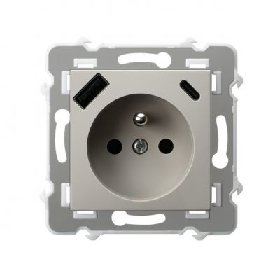 SZAFIR Gniazdo pojedyncze z uziemieniem i przesłonami z ładowarką  USB A+C kaszmirowy beż OSPEL (GP-1ZZPUSBAC/m/83)