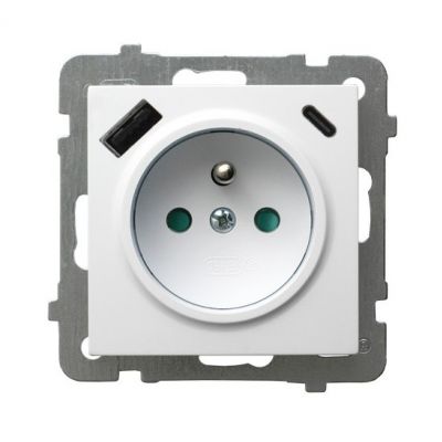 AS Gniazdo pojedyncze z uziemieniem z przesłonami torów prądowych z ładowarką USB A+C kolor biały GP-1GZPUSBAC/m/00 OSPEL (GP-1GZPUSBAC/m/00)
