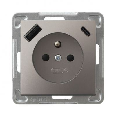 IMPRESJA Gniazdo pojedyncze z uziemieniem z przesłonami torów prądowych z ładowarką USB A+C kolor tytan GP-1YZPUSBAC/m/23 OSPEL (GP-1YZPUSBAC/m/23)