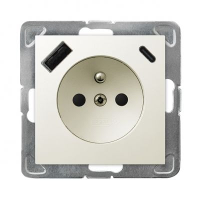 IMPRESJA Gniazdo pojedyncze z uziemieniem z przesłonami torów prądowych z ładowarką USB A+C kolor ecru GP-1YZPUSBAC/m/27 OSPEL (GP-1YZPUSBAC/m/27)