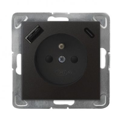 IMPRESJA Gniazdo pojedyncze z uziemieniem z przesłonami torów prądowych z ładowarką USB A+C kolor antracyt GP-1YZPUSBAC/m/50 OSPEL (GP-1YZPUSBAC/m/50)