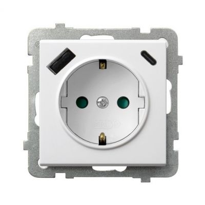 SONATA Gniazdo pojedyncze z uziemieniem schuko z przesłonami torów prądowych z ładowarką USB A+C kolor biały GP-1RSPUSBAC/m/00 OSPEL (GP-1RSPUSBAC/m/00)