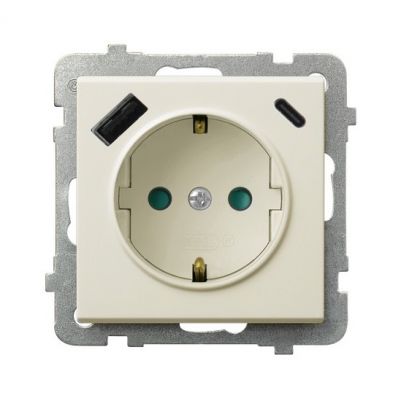 SONATA Gniazdo pojedyncze z uziemieniem schuko z przesłonami torów prądowych z ładowarką USB A+C kolor ecru GP-1RSPUSBAC/m/27 OSPEL (GP-1RSPUSBAC/m/27)