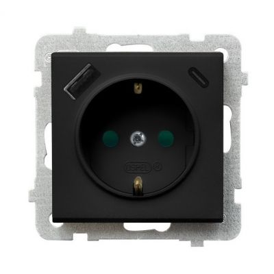 SONATA Gniazdo pojedyncze z uziemieniem schuko z przesłonami torów prądowych z ładowarką USB A+C kolor czarny metalik GP-1RSPUSBAC/m/33 OSPEL (GP-1RSPUSBAC/m/33)