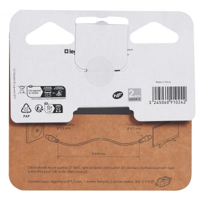 Kabel Tv Z 1 Wtykiem Męskim Ø9,52 Mm I 1 Wtykiem Żeńskim Ø9,52 Mm Długość 2 M 091024 LEGRAND (091024)
