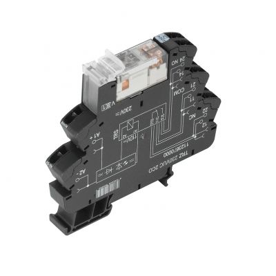 WEIDMULLER TRZ 230VUC 2CO Moduł przekaźnikowy, 230 V UC ±5 %, Zielona dioda LED, Prostownik, 2 zestyk przełączny (AgNi) , 250 V AC, 8 A, złącze sprężynowe, Przycisk testowy: Ni 1123670000 /10szt./ (1123670000)