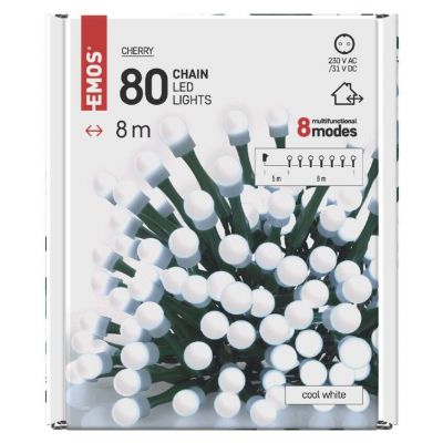 Lampki choinkowe 80 LED cherry 8m zimna biel zielony przewód 8 programów IP44 EMOS (D5AC06)