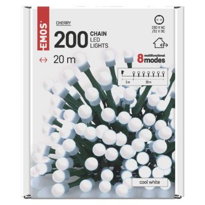 Lampki choinkowe 200 LED cherry 20m zimna biel zielony przewód 8 programów IP44 EMOS (D5AC07)