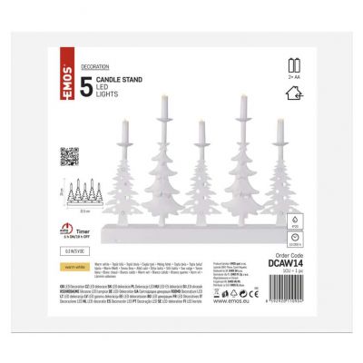 Lampki świąteczne świecznik biały 5 LED 24 cm 2x AA ciepła biel IP20 timer EMOS (DCAW14)