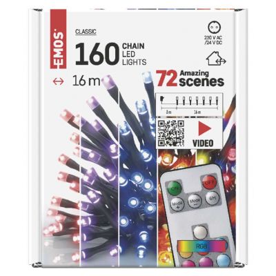 Lampki choinkowe Classic 160 LED 16m, RGB, 72 programy, pilot, IP44, timer D4AA04 EMOS (D4AA04)
