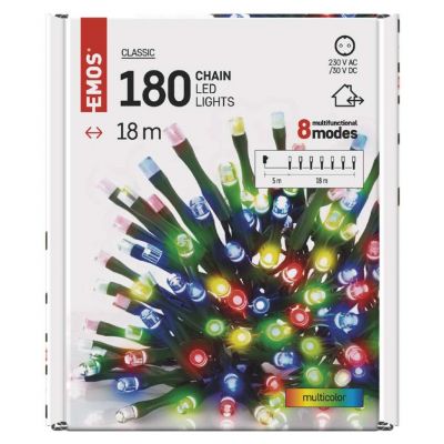 Lampki choinkowe 180LED 18m multikolor, zielony przewód, 8 programów, IP44 EMOS (D4AM09)