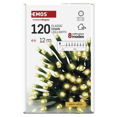 Lampki choinkowe Classic 120 LED 12m ciepła biel zielony przewód IP44 8 programów timer EMOS (D4AW23)