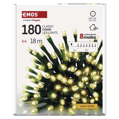 Lampki choinkowe Classic 180 LED 18m ciepła biel zielony przewód IP44 8 programów timer EMOS (D4AW24)