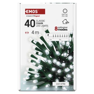 Lampki choinkowe Classic 40 LED 4m zimna biel zielony przewód IP44 8 programów timer EMOS (D4AC21)