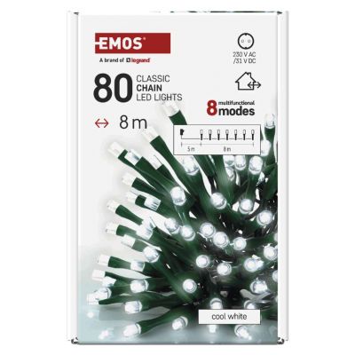 Lampki choinkowe Classic 80 LED 8m zimna biel IP44 8 programów timer EMOS (D4AC22)