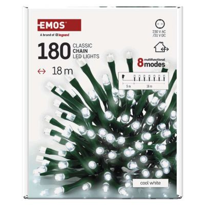 Lampki choinkowe Classic 180 LED 18m zimna biel IP44 8 programów timer EMOS (D4AC24)