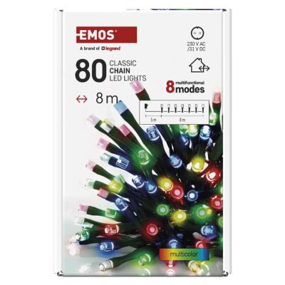 Lampki choinkowe Classic 80 LED 8m multikolor zielony przewód IP44 8 programów timer EMOS (D4AM22)
