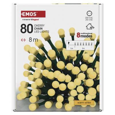 Lampki choinkowe 80 LED cherry 8m ciepła biel zielony przewód IP44 8 programów timer EMOS (D5AW22)