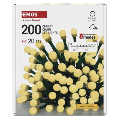 Lampki choinkowe 200 LED cherry 20m ciepła biel zielony przewód IP44 8 programów timer EMOS (D5AW23)