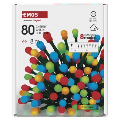 Lampki choinkowe 80 LED cherry 8m multikolor zielony przewód IP44 8 programów timer EMOS (D5AM22)