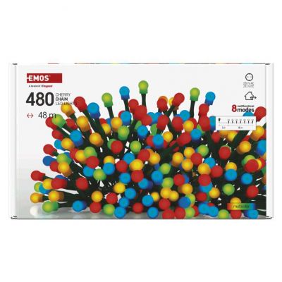 Lampki choinkowe 480 LED cherry 48m multikolor zielony przewód IP44 8 programów timer EMOS (D5AM27)