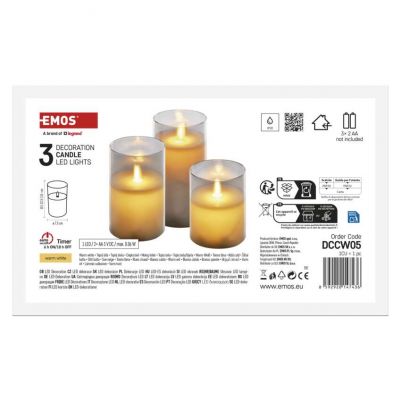 Świece świąteczne woskowe w szkle 100 LED 3 szt 6x AA ciepła biel IP20 timer EMOS (DCCW05)