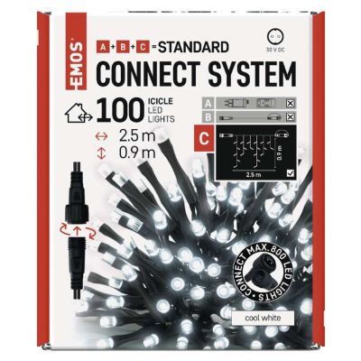 Lampki choinkowe sople łączone Standard 100LED 2,5m zimna biel IP44 timer EMOS (D1CC01)
