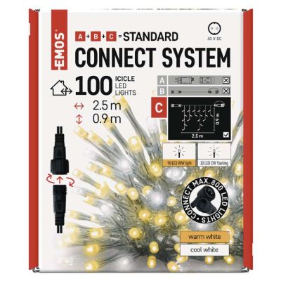 Lampki choinkowe łączone Standard sople 100LED 2,5 m ciepła biel+ciepła biel miga IP44 timer EMOS (D1CN01)