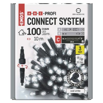 Lampki choinkowe łączone Profi łańcuch 100 LED 10m zimna biel czarny przewód IP44 timer EMOS (D2AC04)