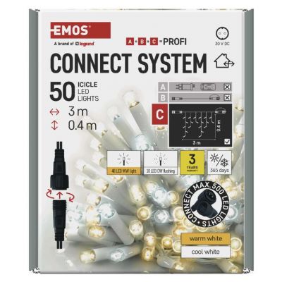 Oświetlenie łączone Profi sople 50LED 3m ciepła+zim biel biały błysz przewód IP44 timer (D2CN02)