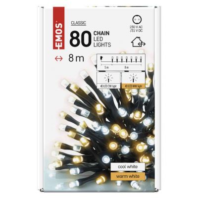 Lampki choinkowe Classic 80 LED 8m ciepła + zimna biel zielony przewód IP44 timer EMOS (D4AN04)