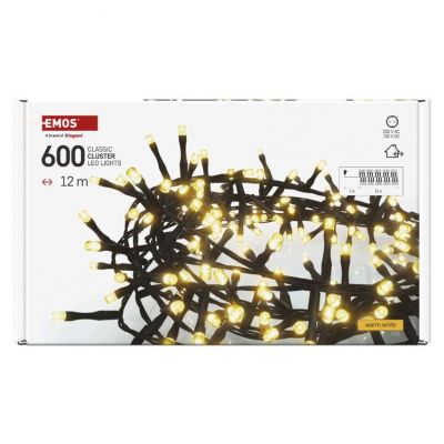 Lampki choinkowe LED Classic jeżyk 600LED 12m ciepła biel czarny IP44 timer EMOS (D4BW03)