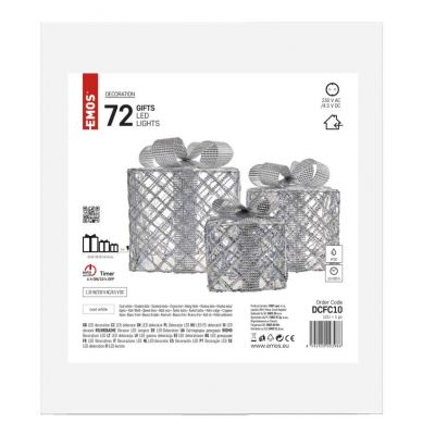 Świąteczne prezenty 72 LED srebrne zimna biel timer IP44 EMOS (DCFC10)
