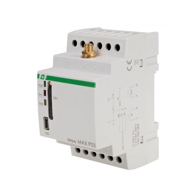 Przekaźnik zdalnego sterowania GSM (SMS); 2xWY 2xWE; sterowanie temperaturą; 230V AC; 2x1Z/R; montaż na szynie DIN SIMplyMAX-P03 F&F (SIMplyMAX-P03)