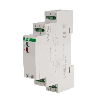 Przekaźnik bistabilny grupowy z pamięcią na szynę DIN 230V z przekaźnikiem inrush 160A/20ms BIS-412M-LED F&F (BIS-412M-LED)