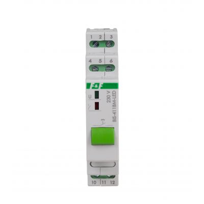 Przekaźnik bistabilny z przyciskiem do sterowania ręcznego pamięcią montaż na szynie DIN 230V z przekaźnikiem inrush 160A/20ms BIS-411BM-LED F&F (BIS-411BM-LED)