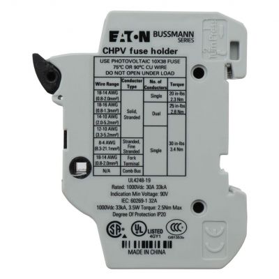 2P 30A 1000Vdc MFH For 10x38 gPV Podstawa wkładki cylindrycznej 10x38 gPV 2P 32A 1000VDC CHPV2U EATON (CHPV2U)