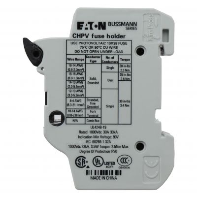 2P 30A 1000Vdc MFH For 10x38 gPV Podstawa wkładki cylindrycznej 10x38 gPV 2P 32A 1000VDC CHPV2U EATON (CHPV2U)